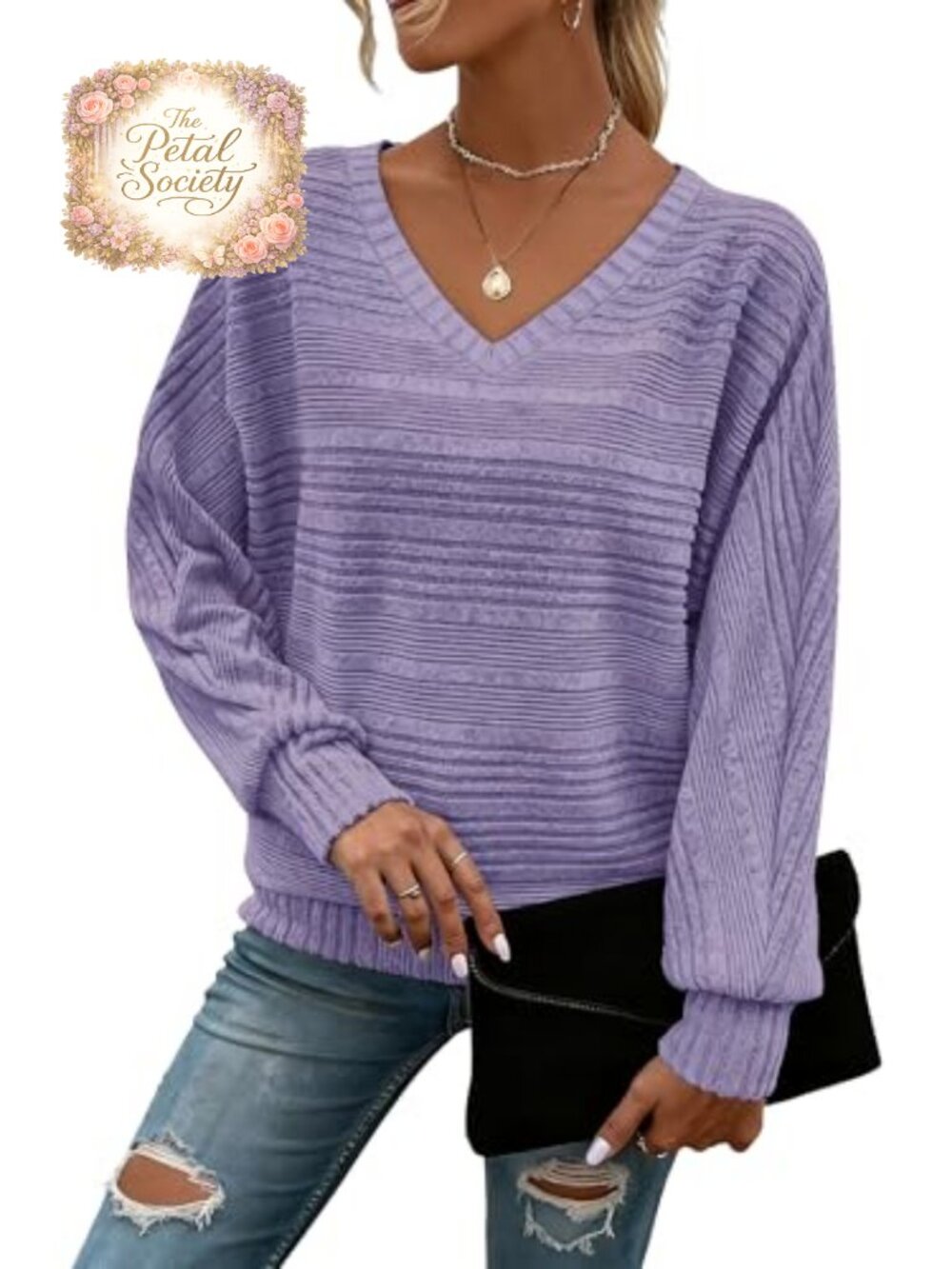 Women's V-Neck Batwing Long Sleeve Tunic Sweater Pullover Top